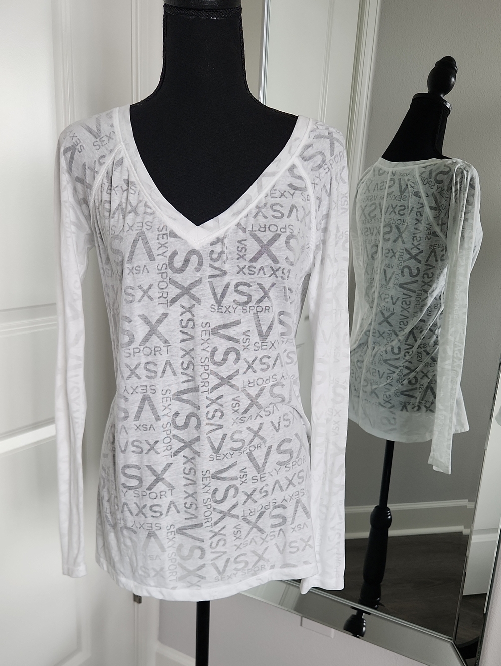 Victoria's Secret White Long-Sleeve V-Neck Script Logo Tee
